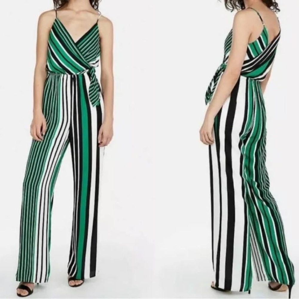 Express Green/Black/White Striped Jumpsuit (Size SP)